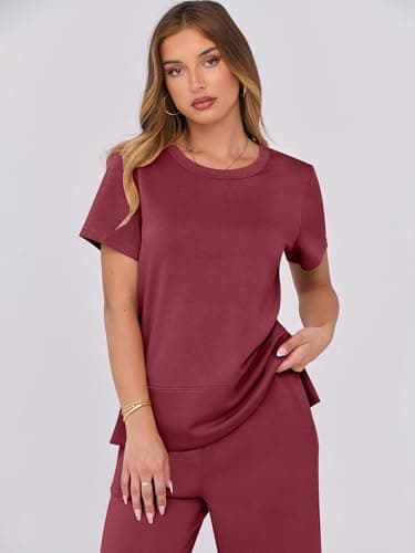 ANRABESS Women 2 Piece Lounge Sets Summer Travel Sweat Outfits Short Sleeve Wide Leg Casual Matching Tracksuits Clothes Wine Red Large - Image 5