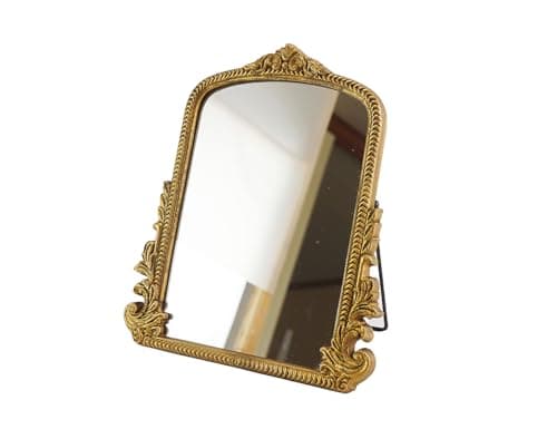 Small Vintage Vanity Makeup Desk Mirror Antique Traditional Chic Arch Table Mirror Gold，Decor Wood Framed Small Standing Carved Arendahl Mirror for Living Room,Bedroom,Tabletop 11.8" x 9.6" - Image 1