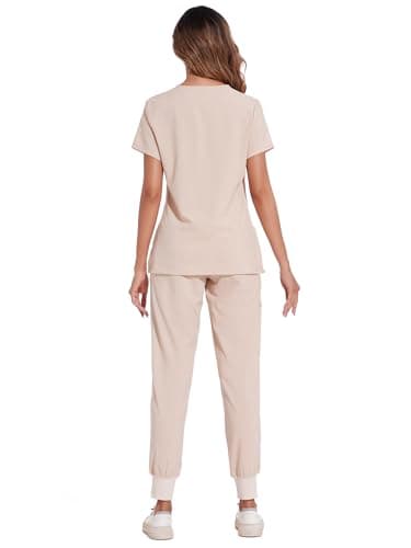 COZYFIT Scrubs for Women Set - Stretch V-Neck Scrub Top & Jogger Pant with 8 Pockets, Yoga Waistband, Anti Wrinkle, Slim Fit Women Scrubs - Light Khaki, 4XL, Tall - Image 2