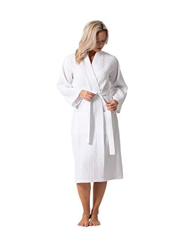Turkish Linen Waffle Knit Lightweight Kimono Spa & Bath Robes for Women - Quick Dry - Soft (White, Large) - Image 3