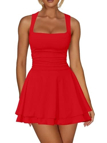 Kaximil Women's Square Neck Ruffle Hem Mini Dress Ruched Waist Short Party Dresses, Medium, Red - Image 1