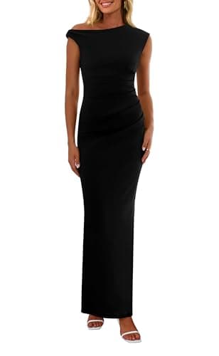 PRETTYGARDEN Women's 2025 Summer Formal Maxi Dresses Sleeveless One Shoulder Bodycon Ruched Mesh Wedding Guest Cocktail Dress (Black,Large) - Image 1