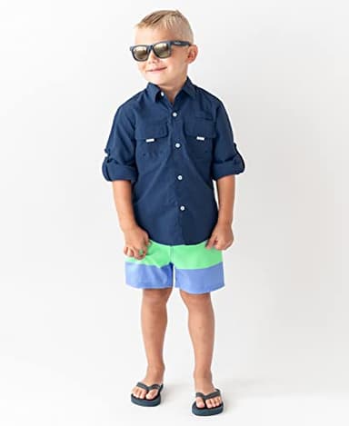 RUGGEDBUTTS Boys UPF50+ Sun Protection Striped Color Block Swim Trunks - Mint & Blue, 3T - Image 3