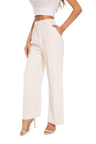 FUNYYZO Women's Wide Leg Pants High Elastic Waisted in The Back Business Work Trousers Long Straight Suit Pants Beige - Image 1