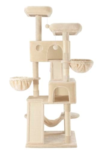 SHA CERLIN 65in Larger Cat Tree Tower Condo for Indoor Kitties/Multi-Level Furniture Activity Center with Wide Base/Cozy Plush Cat Perches/Baskets/Sisal Scratching Posts and Hammock/Beige - Image 9