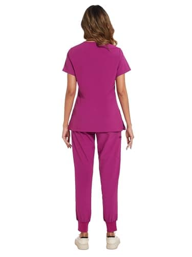 COZYFIT Scrubs for Women Set - Stretch V-Neck Scrub Top & Jogger Pant with 8 Pockets, Yoga Waistband, Anti Wrinkle, Slim Fit Women Scrubs - Azalea Pink, M - Image 2