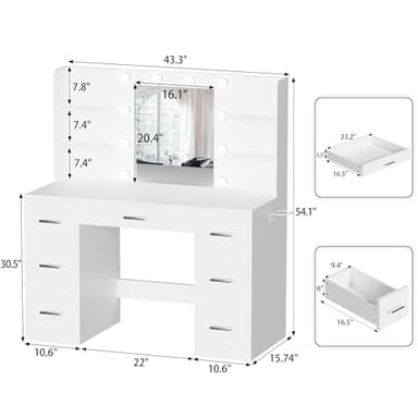 YESHOMY Vanity Desk with Mirror, Power Outlet and 10 Lights, Makeup Table with 7 Drawers, 3 Color Modes Available for Bedroom, Pure White - Image 5