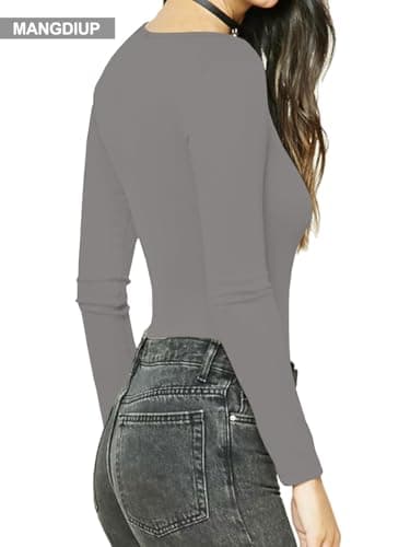 MANGDIUP Women's Round Collar Long Sleeve Elastic Bodysuit Jumpsuit(7001 Tea Leaf-M) - Image 2