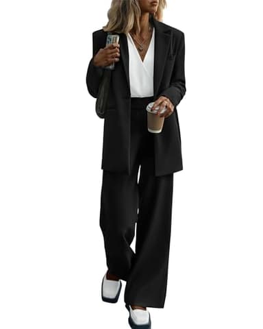 KIRUNDO Women Suits 2 Piece Set Business Casual Dressy Oversized Blazer Jacket and Wide Leg Dress Pantsuits Formal Outfits(Black, Large) - Image 1