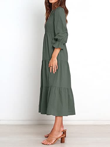 BTFBM Women Casual Long Sleeve Dress Fall Dresses 2025 Solid Color Relaxed Fit Smocked Tiered Flowy Boho Long Dresses(Solid Army Green,Large) - Image 3
