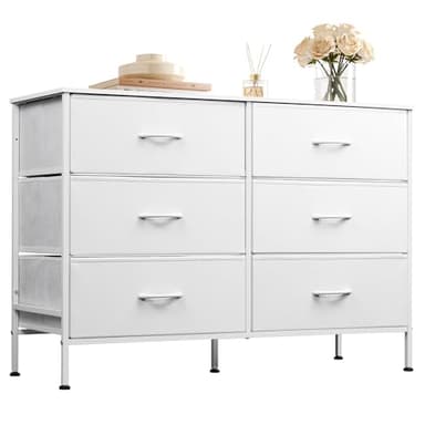 WLIVE Wide Dresser with 6 Drawers, TV Stand for 50" TV, Entertainment Center with Metal Frame, Wooden Top, Fabric Storage Dresser for Bedroom, Hallway, Entryway, White - Image 1