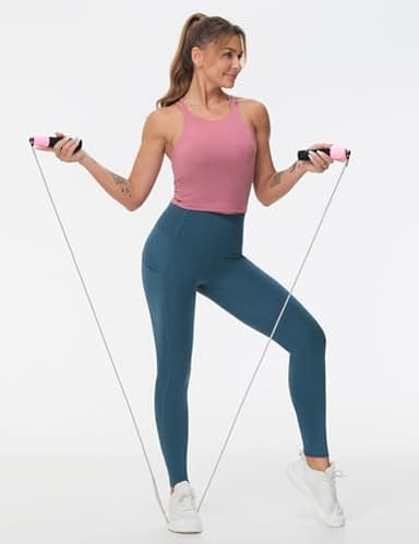 THE GYM PEOPLE Thick High Waist Yoga Pants with Pockets, Tummy Control Workout Running Yoga Leggings for Women Green Blue - Image 4