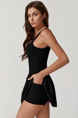 QINSEN Pleated Workout Dress with Built in Shorts Square Neck Sleeveless No Bra Summer Athletic Dress Black M - Image 3