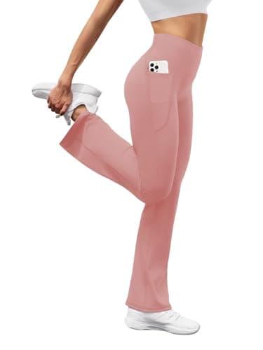 SEAJOJO Women's High Waist Flare Yoga Pants Tummy Control Casual Bootcut Leggings with Side Pockets Pink - Image 4