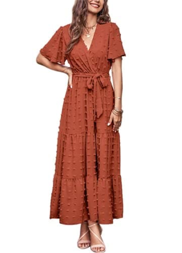 MASCOMODA Womens Boho Swiss Dot Maxi Dresses Wrap V Neck Flutter Short Sleeve Solid Tie Belt A Line Tiered Flowy Long Dress(Orange,X-Large) - Image 1