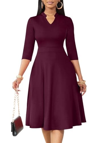 Nmoder Casual Dresses for Women Semi Formal Fit and Flare 3/4 Sleeve A-line Church Work Dress with Pockets Red 3XL - Image 1