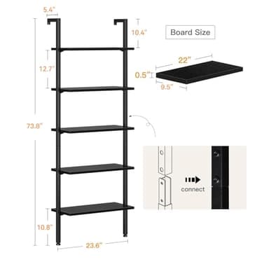 ODK 5-Tier Ladder Bookcase, Industrial Storage Shelf with Metal Frame for Living Room, Home Office, Kitchen & Bedroom, Space Saving Freestanding Organizer Rack, Black (8" D x 16" W x 74" H) - Image 3