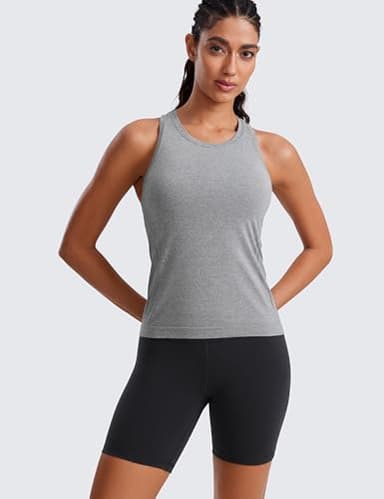 CRZ YOGA Seamless Womens Breathable Workout Tank Tops Racerback High Neck Sleeveless Running Athletic Shirts Slate Grey Marl Small - Image 2