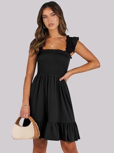 ANRABESS Women's Summer Casual Sleeveless Square Neck Dress 2025 Smocked Ruffle Backless Boho Beach Cute Teen Short Sundress Black Large - Image 2