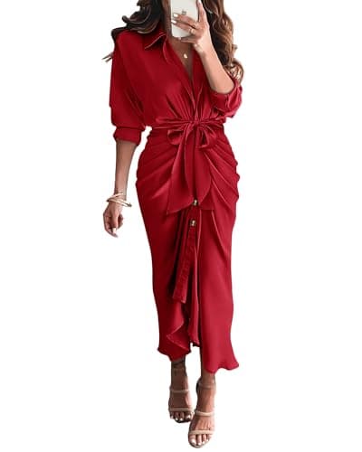 BTFBM Maxi Dresses for Women Fall 2025 Long Sleeve Lapel Neck Button Down Elegant Satin Belted Ruched Summer Shirt Dress(Red, Large) - Image 1