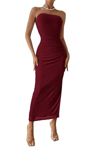 PRETTYGARDEN Women's Summer Wedding Guest Dress Strapless Tube Top Maxi Bodycon Long Mesh Beach Vacation Party Dresses (Solid Wine Red,Large) - Image 1