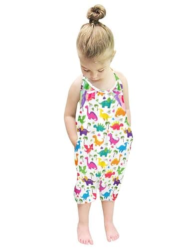Lindanina Toddler Girl Jumpsuits Romper Summer Outfit Clothes Backless Halter Cute Cartoon Dinosaur 12-24 Months Sleeveless One Piece Overalls Photoshoots with Pockets - Image 1