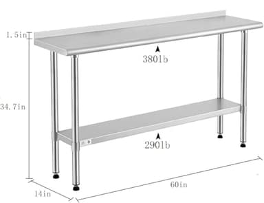 ROCKPOINT Stainless Steel Table for Prep & Work with Backsplash 14x60 Inches, NSF Metal Commercial Kitchen Heavy Duty Table with Adjustable Under Shelf and Table Foot for Restaurant, Home and Hotel - Image 2