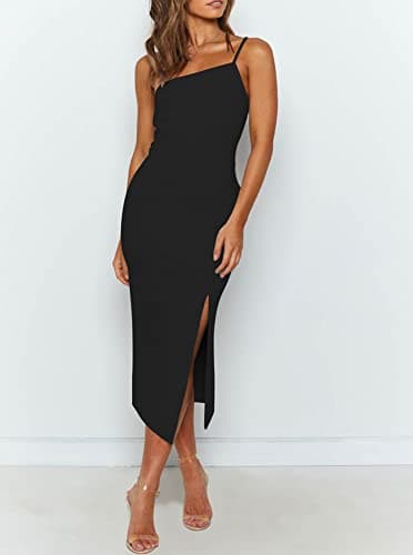 OWIN Womens Midi Dress Formal with Slit Spaghetti Strap Backless Bodycon Party Dress Black M - Image 2