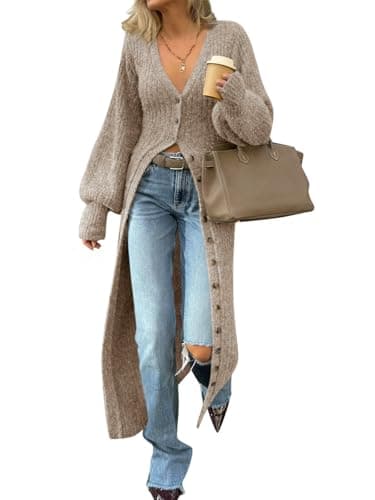 Saodimallsu Womens Long Cardigans V Neck Button Down Chunky Knit Dusters Sweater Coat Fall Trendy Maxi Sweater Dress Khaki - Image 1