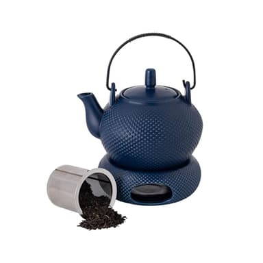 TEATALK Ceramic Teapot with Warmer: 27 oz Large Tea Pot with Infuser for Loose Tea, Blue Teapot with Strainer - Image 1