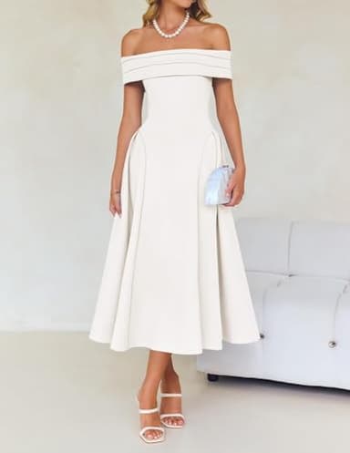 ZESICA Cocktail Dresses for Women's Elegant Off Shoulder Short Sleeve Swing A Line Wedding Evening Party Midi Dress,White,Medium - Image 8