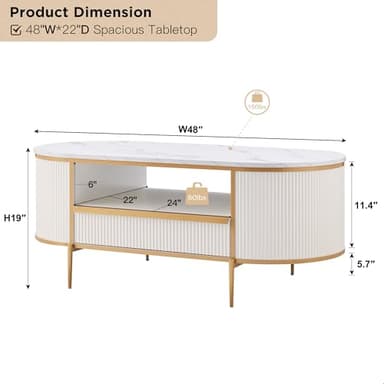 OKD Modern Luxury Fluted Coffee Table, 48" Oval Coffee Table with Drawer, Faux Marble Top, Curved Profile Design, Gold Metal Decor, Center Table for Living Room, Off White - Image 2