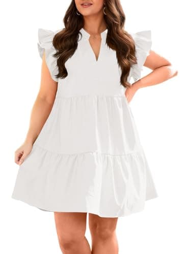 Fisoew Plus Size Dresses for Women Summer Ruffle Short Sleeve V Neck Dress Tiered Swing A Line Babydoll Mini Dress White - Image 1