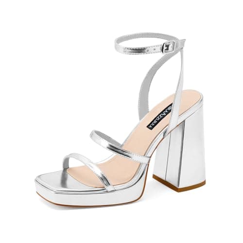 MIRAAZZURRA Platform Strappy Heel Sandals Square Open Toe Two Strap Chunky High Heeled Sandals with Buckle Ankle Strap for Women Party Wedding Dress Silver 9.5 - Image 1