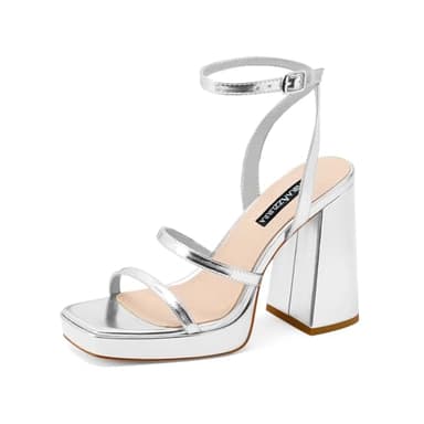 MIRAAZZURRA Platform Strappy Heel Sandals Square Open Toe Two Strap Chunky High Heeled Sandals with Buckle Ankle Strap for Women Party Wedding Dress Silver 9.5 - Image 1