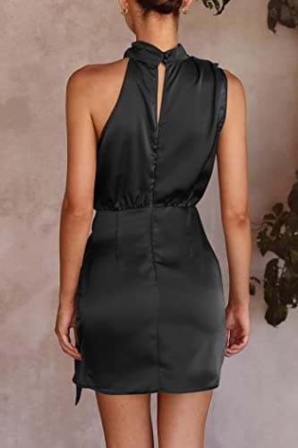 PRETTYGARDEN Women's Short Formal Satin Dress Summer Sleeveless Mock Neck Tie Waist Cocktail Party Dresses (Black,X-Large) - Image 5