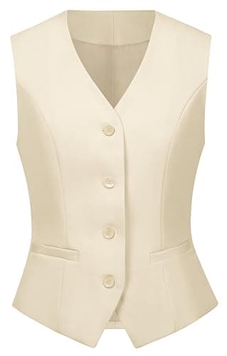 V VOCNI Women's Vest Fully Lined 4 Button V-Neck Sleeveless Dressy Casual Suit Vest Waistcoat Beige Medium - Image 1