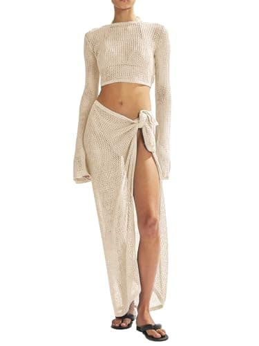 LANNEW Women's Swimsuits Cover Ups Set for Crochet Bathing Suit Hollow Out 2 Piece Bikini Coverup Beach Swimwear - Image 1