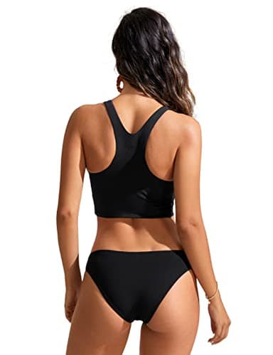 CRZ YOGA Womens Racerback Bikini Tops Quick Dry High Neck Modest Swimsuit Padded Sports Bathing Suit Black Medium - Image 2