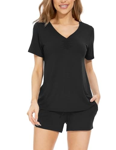 GYS Short Pajama Set for Women V-Neck Short Sleeve Top and Pj Shorts Sleepwear, Viscose Made from Bamboo,Black,X-Large - Image 1