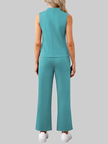 Casly Lamiit Two Piece Outfits for Women Matching Sets Summer Sleeveless Mock Neck Tops Business Casual Sweatsuit Work Clothing Tracksuit Viriaian Green S - Image 4