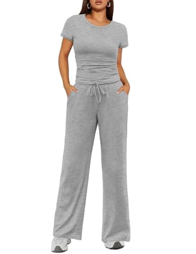 Ekouaer Women's 2 Piece Lounge Sets Ruched Short Sleeve Top and Wide Leg Pants Loungewear Tracksuit Sets with Pockets Light Gray - Image 1