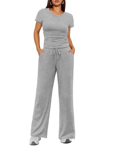 Ekouaer Women's 2 Piece Lounge Sets Ruched Short Sleeve Top and Wide Leg Pants Loungewear Tracksuit Sets with Pockets Light Gray - Image 1