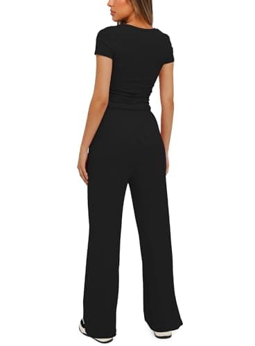 Darong Women's Two Piece Outfits Lounge Sets Ruched Short Sleeve Pullover Tops and High Waisted Pants Tracksuit Sets 9042B Black M - Image 2