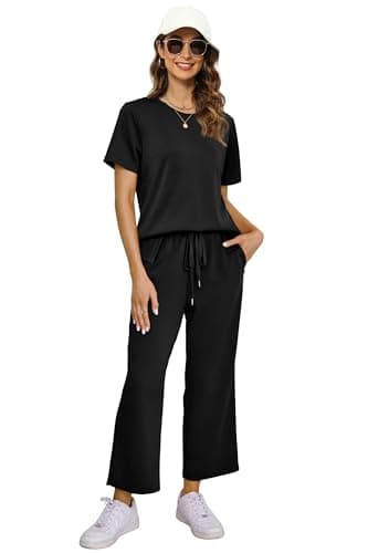 XIEERDUO Women's Two Piece Outfits 2 Pc Lounge Set Summer Travel Vacation Short Sleeve Tracksuit Spring Wide Leg Loungewear Crewneck Sweatsuit Loose Fit Clothes Black XXL - Image 3