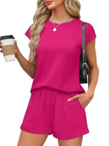 WIHOLL Airport Travel Outfit Women Crewneck Cap Sleeve Tops Elastic Pants Lounge Set Hot Pink L - Image 1