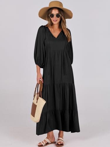 ANRABESS Womens Boho Maxi Dresses 2025 Summer V Neck Puff Sleeve Floral Flowy Swing Fall Casual Long Dress Black Large - Image 8