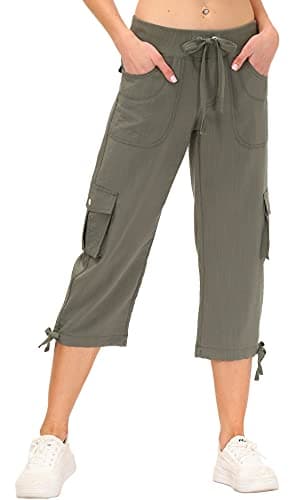 MoFiz Women's Cargo Capris Hiking Pants Lightweight Quick Dry Running Outdoor Casual Shorts Button Pockets UPF 50+ Army Green L - Image 2