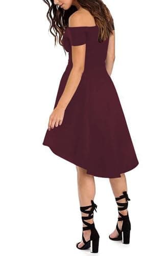 Sarin Mathews Women Off The Shoulder Short Sleeve High Low Cocktail Skater Dress Burgundy L - Image 2