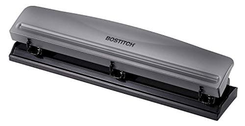 Bostitch Office Premium 3 Hole Punch, 12 Sheet Capacity, Metal, Rubber Base, Easy-Clean Tray, Silver, Gray - Image 1